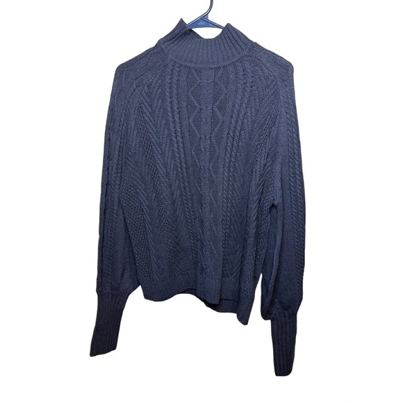 Sweaters - Navy Blue Cable Knit Mock Neck Balloon Sleeve Sweater Large Cotton Blend